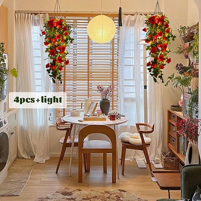 RECUTMS Hanging Flowers Artificial Hanging Rose Flower 2PCS 3.3Ft for Outdoors with 30 LED Fairy String Lights for Indoor Wall Wedding (Red)