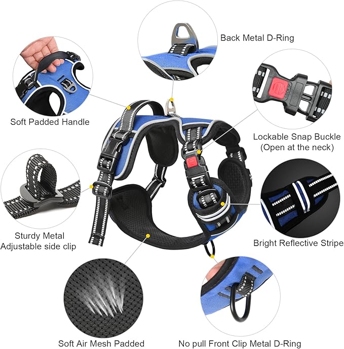 Timos Dog Harness for Large Dogs, No Pull Service Vest with Reflective Strips and Control Handle,No Choke Dog Harness with 2 Metal Rings for Easy Walking,Outdoor Training,Blue, L-Mewly Pet