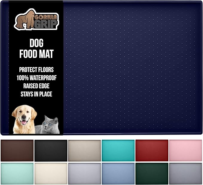 GORILLA GRIP 100% Waterproof Raised Edge BPA Free Silicone Pet Feeding Mat, Dog Cat Food Mats Contain Spills Protects Floors, Placemats for Cats and Dogs Water Bowl, Pets Accessories 28x18 Navy-Mewly Pet