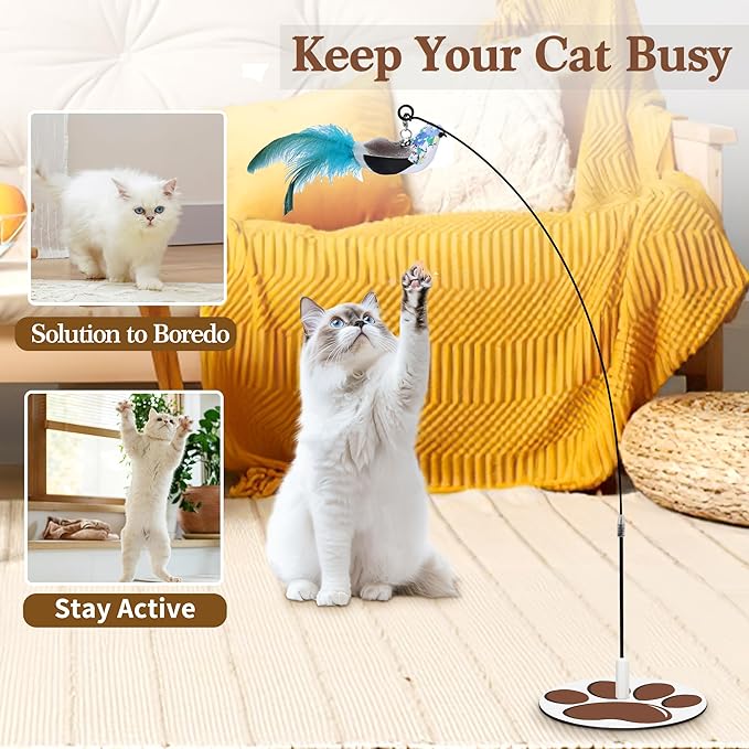 Interactive Cat Toy for Indoor, Includes Metal Base, Suction Cup Cat Base, Cat Wand,Bird Simulation Toys and Feather Toy, Set of 7 PCS-Mewly Pet