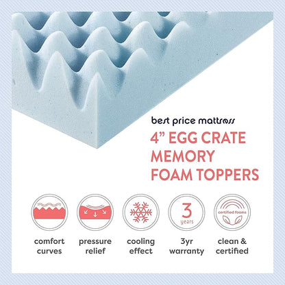 Best Price Mattress 4 Inch Egg Crate Memory Foam Mattress Topper with Cooling Gel Infusion, CertiPUR-US Certified, Dorm Essentials, Queen, Light Blue