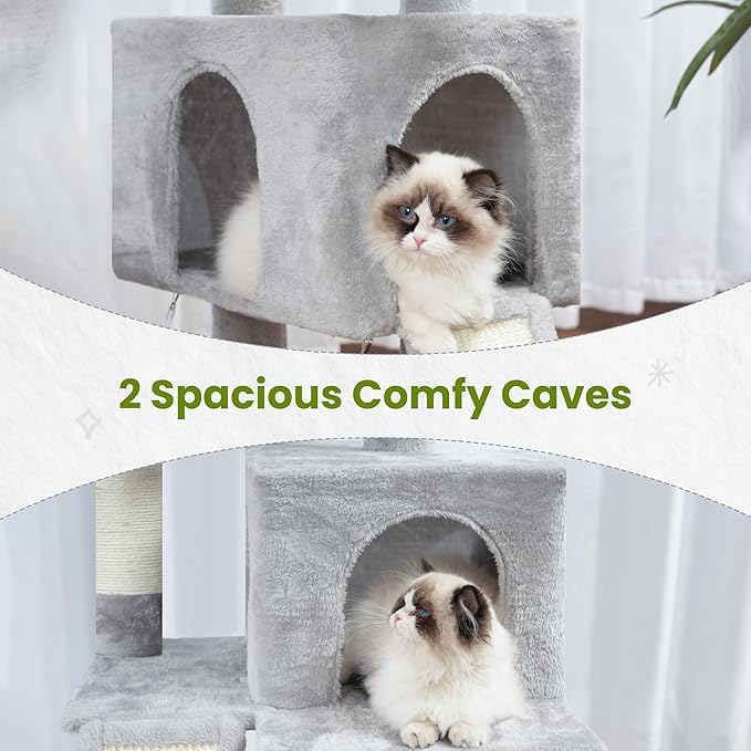Cat Tree for Indoor Cats, 71'' (180cm) Multi-Level Cat Tower for Large Adult, Sturdy Cat Tree House with 2 Scratching Boards 7 Posts, 2 Plush Perches/Condos, Hammock, Light Gray GCT032W-Mewly Pet