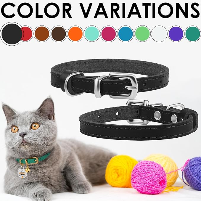 BRONZEDOG Leather Cat Collar with Removable Bells Non Breakaway Kitten QR Tag for Girl Boy (9" - 12" Cats/Mini Dogs, Black & Silver)-Mewly Pet