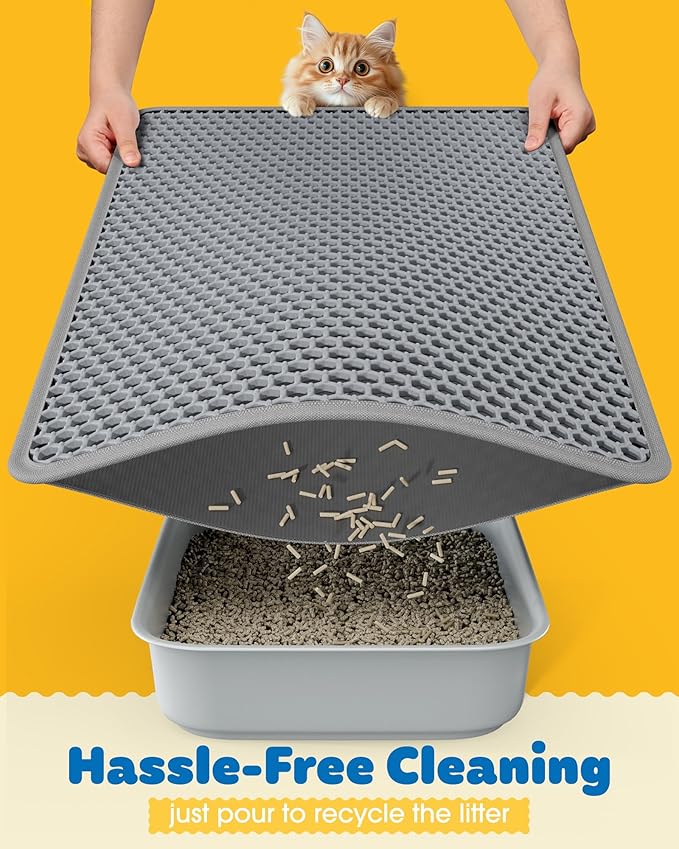 27" x 19" Cat Litter Mat - Large Litter Box Mat with Double Layers, Urine-Proof and Non-Slip Litter Trapping Mat, Easy to Clean Kitty Litter Mats for Floor, Scatter Control, Grey-Mewly Pet