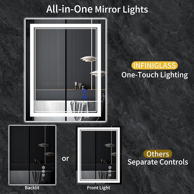 30"x22" LED Bathroom Mirror with Anti-Fog, Stepless Dimmable Lights, 3 Color Modes, Shatter-Proof Tempered Glass, Memory Function & Waterproof Design