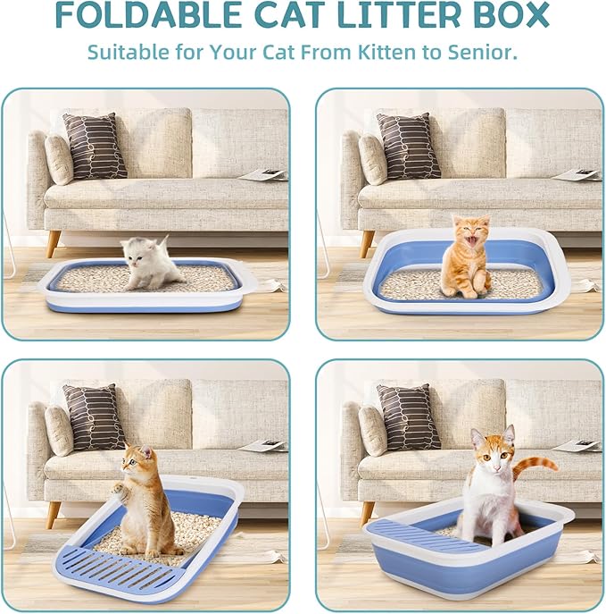 Collapsible Kitten Litter Box, ShineMe Open Top Small Cat Litter Box with Scoop and Litter Bag, Anti-Splash Waterproof Kitty Toilet Potty Pan for Sick Frail Cat 17" x 13.5", Blue-Mewly Pet