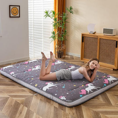 MAXYOYO Unicorn Pattern Futon Mattress, Padded Japanese Floor Mattress Quilted Bed Mattress Topper, Extra Thick Folding Sleeping Pad Breathable Floor Lounger Guest Bed for Camping Couch, Grey, Queen