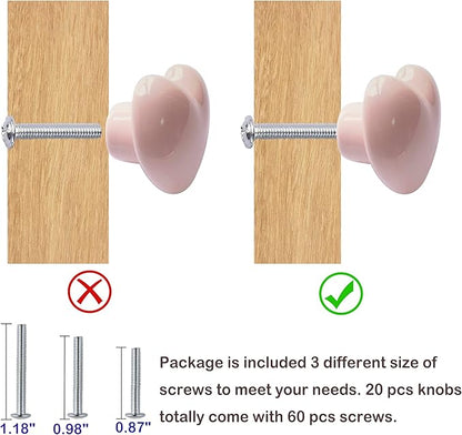 Ceramic Drawer Knobs Heart Shape Cabinet Dresser Pulls Handles with 3 Sized Screws, Kitchen Furniture Knobs for Closet Cupboard Wardrobe (20 Pack, Pink)