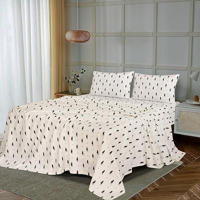 RUVANTI Flannel Sheets Twin Size - 100% Cotton Double Brushed Twin Sheets Set, Deep Pockets 16 Inches, All Seasons Breathable & Extra Soft Bed Sheets, Warm & Cozy, 3 Piece, Black Cat