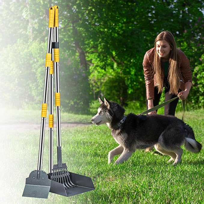 Niubya Pooper Scooper for Dogs, Metal Poop Scooper Tray Spade and Rake Set, Poop Scoop with Adjustable Long Handle, Dog Pooper Scooper for Pet Waste Removal-Mewly Pet