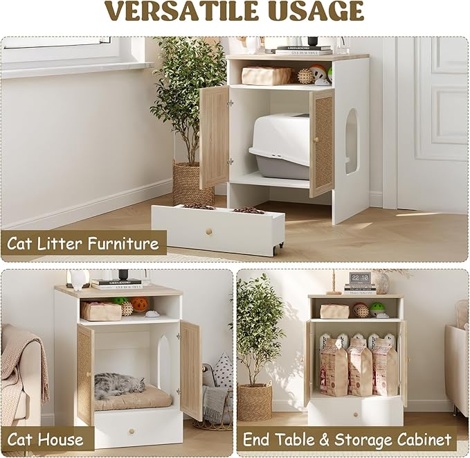 Cat Litter Box Enclosure Furniture Hidden - Indoor 3-in-1 Wooden Cat House & Washroom Cabinet with Scratching Board Doors, Shelf and Feeder Bowls, 23.6”x17.7”x32.7”H-Mewly Pet