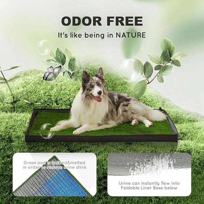 Dog Grass Pad with Foldable Dog Litter Box,Extra Large Liner Base for Balcony，Ultra-Absorbent Artificial Grass Pads for Dogs Pee Pad Holder, Potty Training, 2 PCS Reusable Pee Pad-Mewly Pet