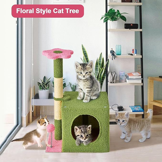 24 Inch Cat Tree Condo for Indoor Cats with Floral Sisal Scratching Post, Plush Hang Ball Play Furniture for Kittens Cats, Pink-Mewly Pet