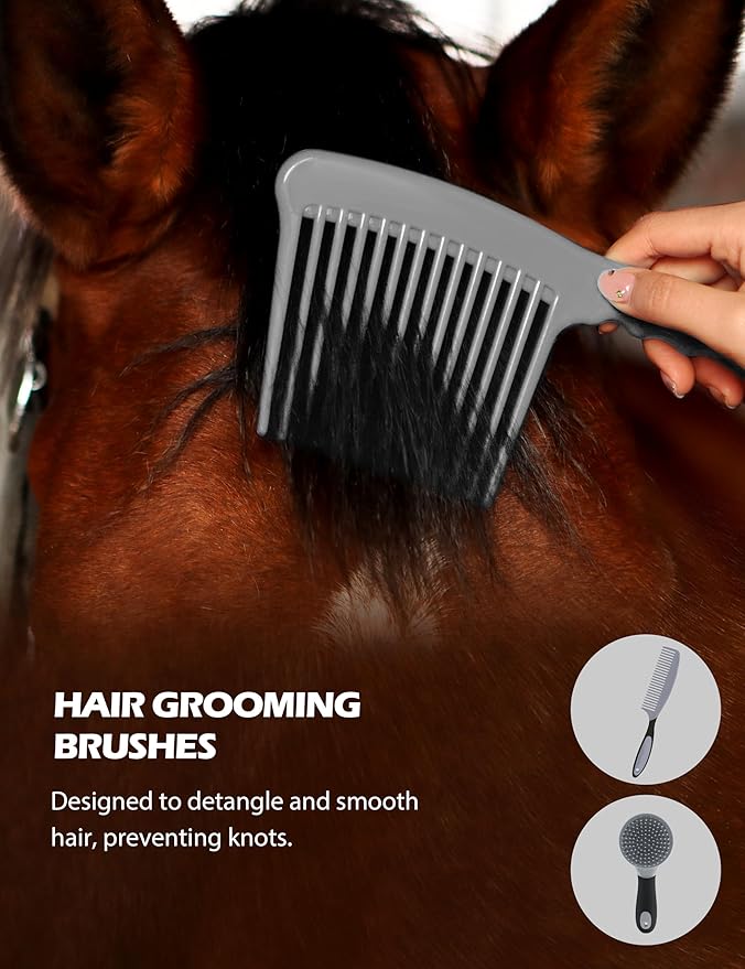 Harrison Howard Horse Grooming Kit 11-Piece Equine Care Series Horse Brush Sets with Organizer Tote Bag Tack Room Supplies Shedding Grooming Massaging Tools Black Brushstroke Ponies-Mewly Pet