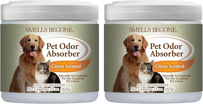 SMELLS BEGONE Air Freshener Pet Odor Absorber Gel - 15 oz, Pack of 2 - Absorbs and Eliminates Odor in Pet Areas, Bathrooms, Cars, & Boats - Made with Essential Oils - Citrus Scent-Mewly Pet