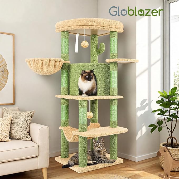Globlazer Cactus Corner Cat Tree Tower with Scratching Post for Indoor Cats, 51in Multi-Level Cat Condo Tower with Large Hammock, Fan-Shaped Padded Perch, Spacious Cat Cave, Hanging Basket, C51, Green-Mewly Pet