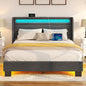Rolanstar Bed Frame Queen Size with LED Lights and Charging Station, Upholstered Bed with Motion Activated Night Light and Wood Slats, Dark Grey