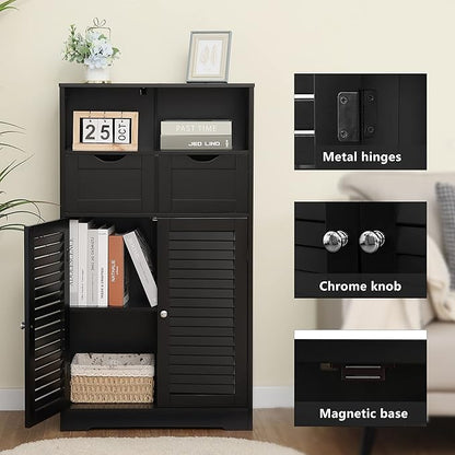 WEENFON Bathroom Storage Cabinet with 2 Drawers & 2 Shutter Doors, Floor Cabinet with Adjustable Shelf, for Living Room, Hallway, Home Office, Black