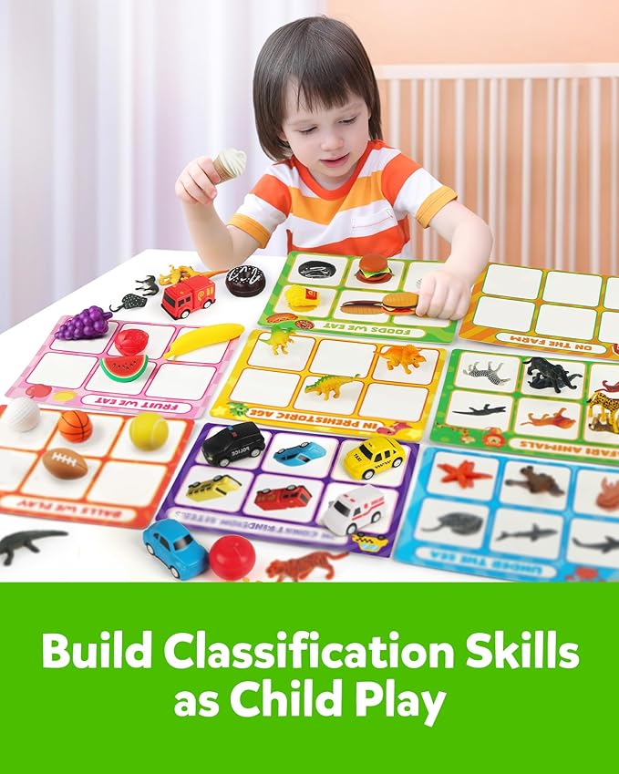 Coogam Sorting Toy for Toddlers, Animals Dinosaurs Fruits Vehicles Foods Fishes Balls Farm Playset, Fine Motor Montessori Game Preschool Educational Learning Gift for Year Old Kids-Mewly Pet