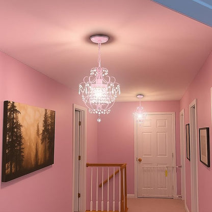 Pink Chandelier for Bedroom, 90% Pre-Assembled 1 Light Small Crystal Chandelier, Mini Acrylic Crystal Ceiling Light Fixture Charming for Girls Room, Closet, Bathroom, Entryway, Dining Room