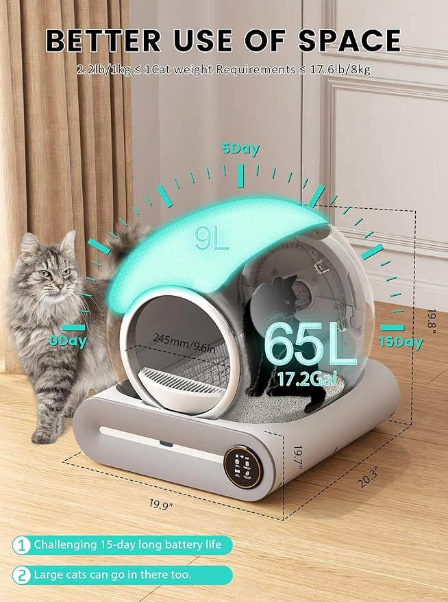Automatic Litter Box, Upgraded Robot Self Cleaning Litter Box for Multiple Cats, 65L+9L Extra Large, Features Negative ion Sterilization and Deodorization, APP Control, 3 Rolls Litter Bag Liners-Mewly Pet