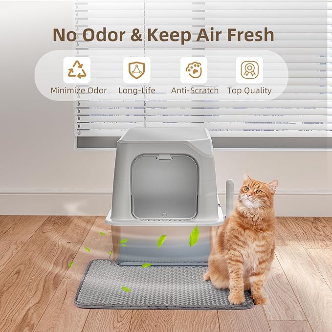 Stainless Steel Cat Litter Box with Lid, Extra Large, Great for Large & Small Cats, Easy to Clean, Anti-Leakage, Non-Sticky, Multifunctional 2 in-1 Metal Cat Litter Box - Light Gray-Mewly Pet