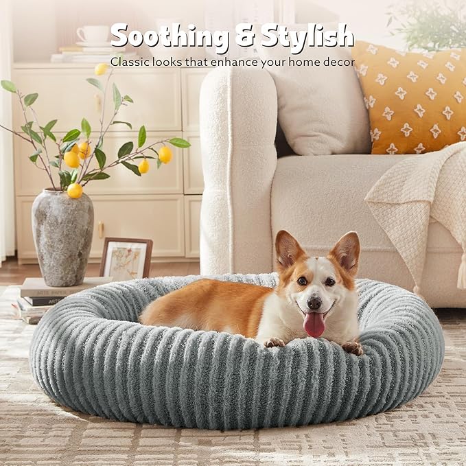 MIXJOY Calming Dog Bed Medium Size, Donut Dog Beds Medium Sized Dogs, Fluffy Plush Faux Fur Round Dog Cat Cuddler with Removable Washable Cover, 30"x30"x8", Grey-Mewly Pet