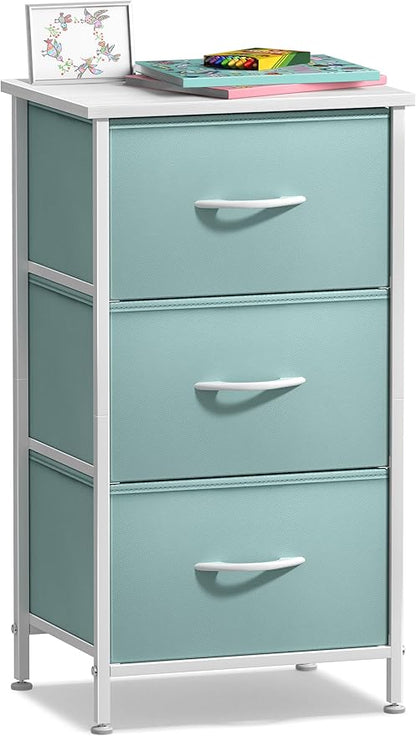 Sorbus Nightstand with 3 Drawers - Bedside Furniture & Accent End Table Chest for Home, Bedroom Accessories, Office, College Dorm, Steel Frame, Wood Top, Pastel Fabric Bins (Aqua)