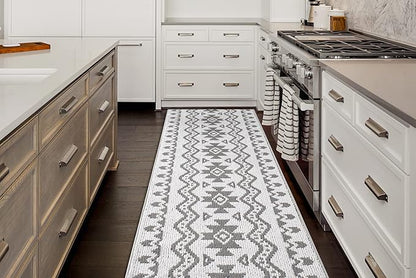 Custom Size Southwestern Style Runner Rug Mat for Wide Hallway Entryway Kitchen Laundry Room with Slip Resistant Latex Rubber Backing, Aztec Light Grey, 31 inch X 15 feet