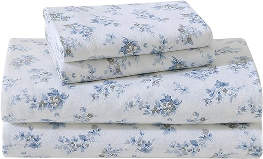 Laura Ashley - Flannel Sheets Twin Size, Anti-Pilling & Wrinkle Resistant Cotton, Touchably Soft for All-Season Comfort - Bed Sheets with Matching Pillowcase & Fitted Sheet (Audrey Blue)