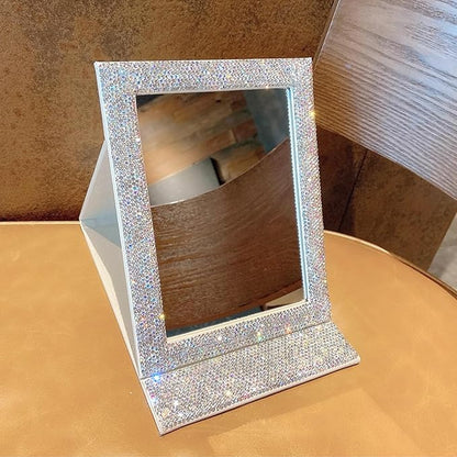 Folding Cosmetic Mirror, High Definition Innovative Rhinestone Portable Makeup Mirror Travel PU Portable Adjustable Rectangular Vanity Mirror for Dormitory Desktop