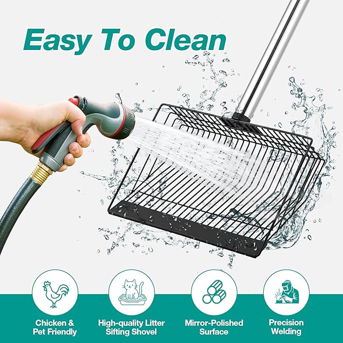 Adjustable Chicken Poop Scooper, Heavy Duty Stainless Steel Chicken Rake with 3-Slot Pole, Multi-Use Pet Waste Shovel & Hay Scooper - 36"/50"/64" Length-Mewly Pet