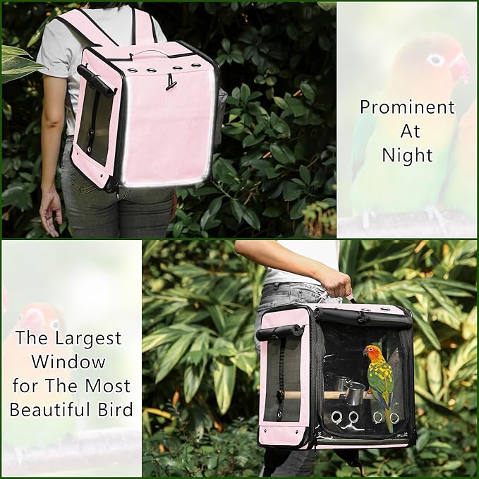Suertree Bird Carrier with Seat Belt for Car Travel, Bird Backpack Carrier with Indestructible Stainless Steel Mesh, Large Bird Carrier Travel Cage, Pink-Mewly Pet