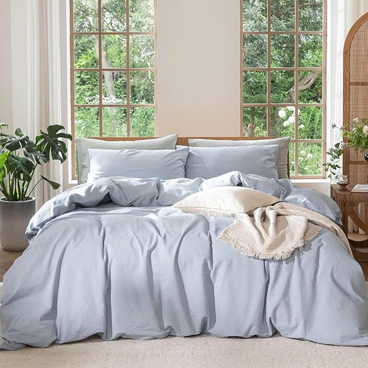 MooMee Bedding Duvet Cover Set 100% Washed Cotton Linen Like Textured Breathable Durable Soft Comfy (Heathered Cornflower Blue, Super Queen 90"x98")