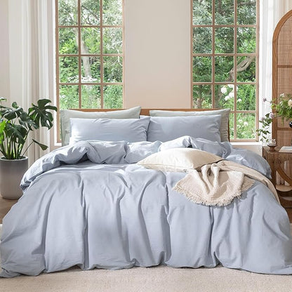 MooMee Bedding Duvet Cover Set 100% Washed Cotton Linen Like Textured Breathable Durable Soft Comfy (Heathered Cornflower Blue, Oversized Queen 98"x98")