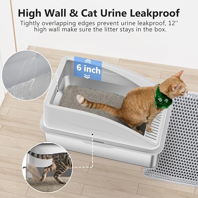 Stainless Steel Litter Box, Extra Large Litter Boxes for Big Cats, XL Metal Cat Litter Box with Lid, Anti-Urine Leakage, Non-Sticky, Include Cat Mat and Litter Scoop-Mewly Pet