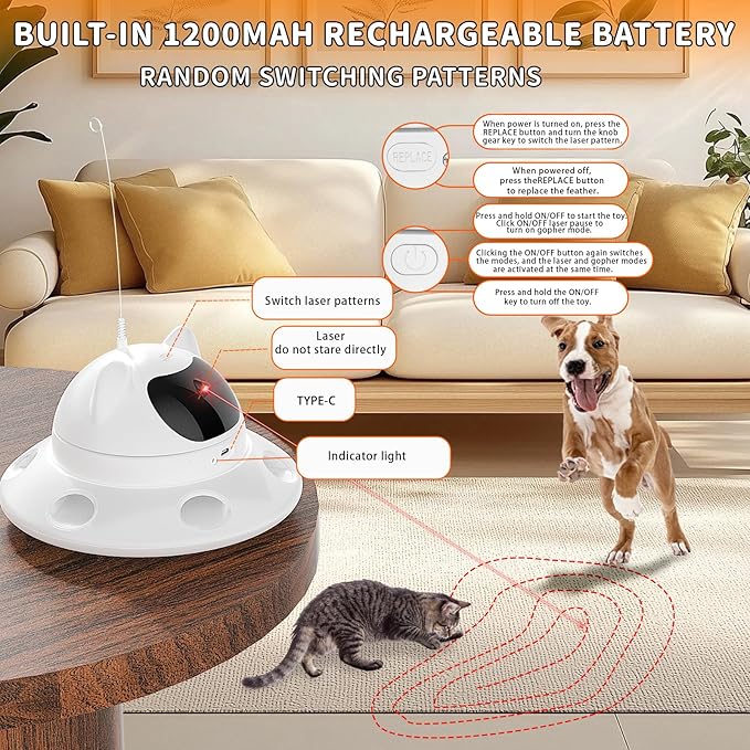 Cat Laser Toy,Automatic Laser cat Toy 3-in-1 Interactive Automatic Motion Activated Moving 6 Holes Whack A Mole Feather, USB Rechargeable Electronic Smart Sensor Kitten Toys for Indoor Exercise-Mewly Pet