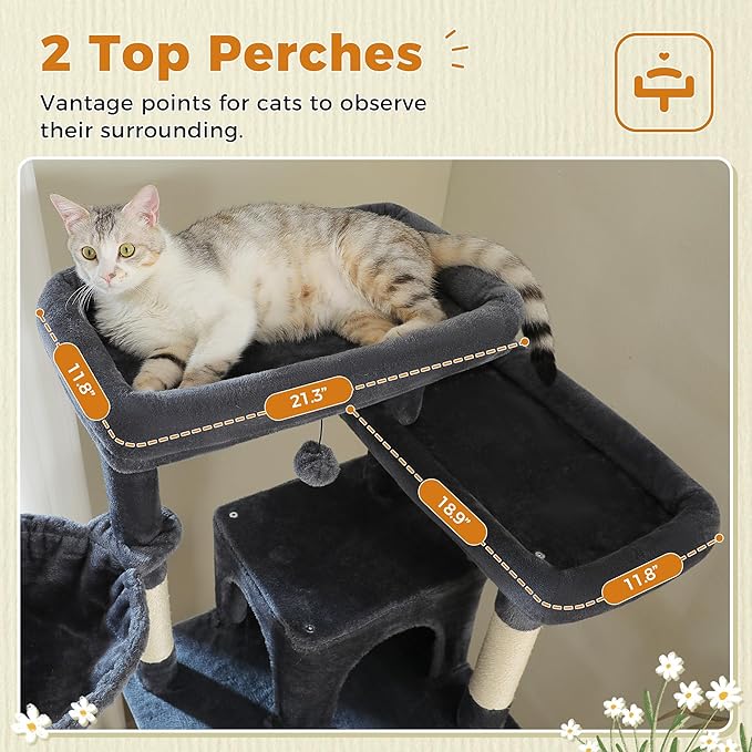 81 Inch Tall Cat Tree for Big Cats & Multi-Cat Homes, Large Heavy Duty Cat Tower with Metal Frame Hammock, 6 Scratching Posts, 2 Condos, 2 Perches, Scratching Pad - Dark Grey-Mewly Pet