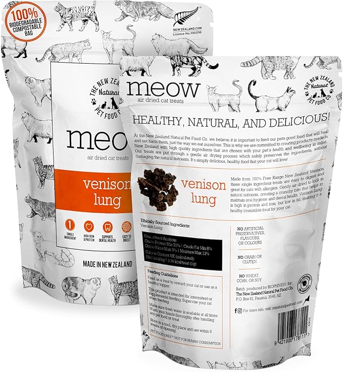 Meow Air Dried Cat Treats - Venison Lung, High Protein, Healthy Cat Snacks and Toppers, All Natural for All Life Stages, 1.76 oz-Mewly Pet