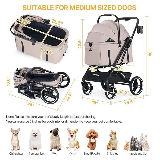 BEBEROAD X3 2 in 1 Pet Stroller for Medium or Two Small Dogs & Cats 4 Wheels Lightweight Foldable Carrier Dog Stroller with Waterproof Weather Cover Cup Holder,Storage Basket(Camel)-Mewly Pet
