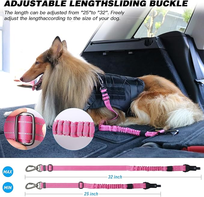AUBELL Dog Seat Belt for Car,Updated 3-in-1 Adjustable Reflective Bungee Heavy Duty Dog Car Harness Tether with Clip Hook Latch & Buckle,Swivel Zinc Alloy Carabiner,Hotpink-Mewly Pet