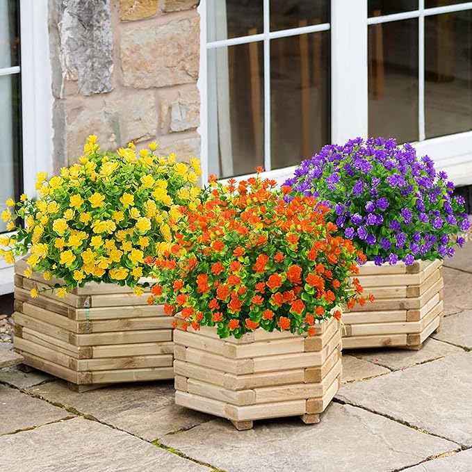 GREENRAIN Artificial Flowers Outdoor Fake Flowers for Decoration UV Resistant No Fade Faux Plastic Plants Garden Porch Window Box Décor (18 Bundles, 2#Yellow)
