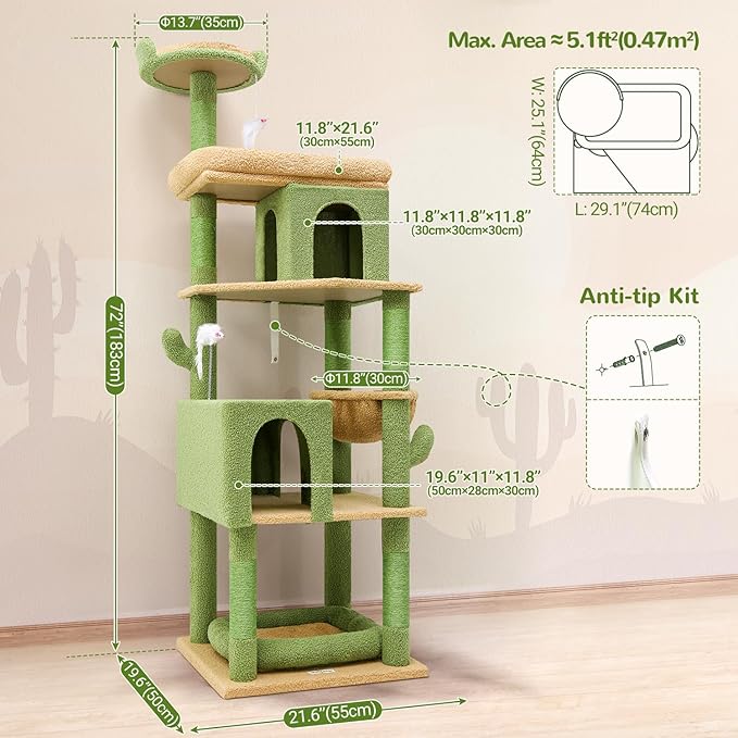 Globlazer Heavy Duty Cactus Cat Tree for Large Cats, Sturdy 72in Maine Coon Cat Tree for Large Cats 20 lbs+ Cactus Cat Tower for Adult Biggest Cats with 6 Scratching Posts, Hammock, S72, Green-Mewly Pet