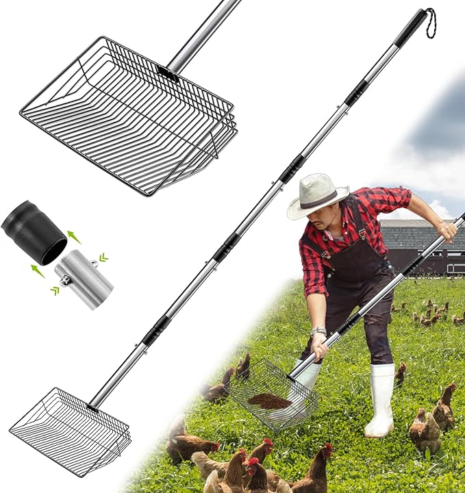 Esmorah 10 Inch Large Metal Chicken Poop Scooper for Sand & Coop Cleaning - Long Sifting Shovel with 24"-68" Adjustable Handle, 5 Lengths Heavy Duty Stainless Steel-Mewly Pet