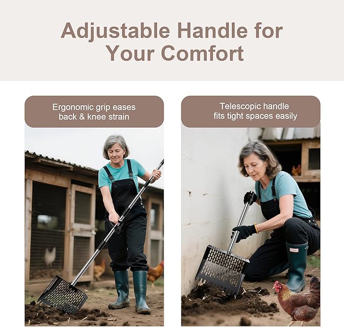 Chicken Poop Scooper - Metal Sifting Shovel & Rake 2-in-1 with Adjustable Stainless Steel Handle (37"-65"), Sand Shovel for Chicken Coops, Farm Animal Waste-Mewly Pet