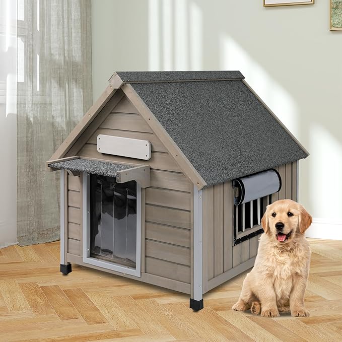 Outdoor Dog House Weatherproof Large Wooden Dog Kennel Indoor for Small Dogs with Chew-Proof Frame, Oxford Fabric Window, Removable Floor Pet Shelter (Grey, 26" D x 31.9" W x 32" H)-Mewly Pet