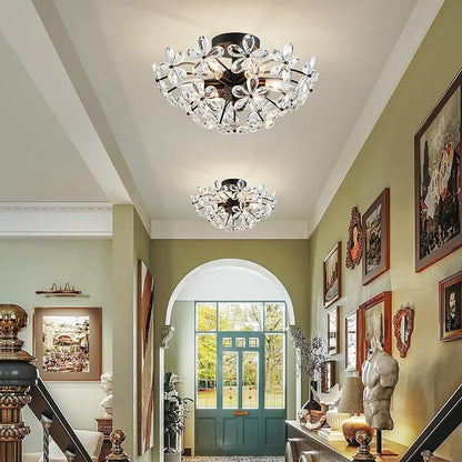 WUZUPS Crystal Chandelier Flushmount Ceiling Light Modern Lighting Fixture for Bedroom Hallway Bar Kitchen Bathroom, H 8.9" x W 17.7", Black, E12 Base