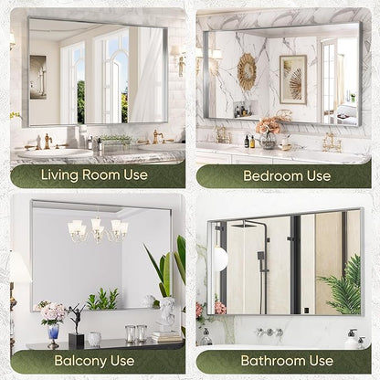 Suidia Bathroom Mirror, 60" x 30" Wall Mirror Metal Framed, Bathroom Vanity Mirror for Living Room Bedroom Bathroom Entryway, Silver, Rect Corner Style