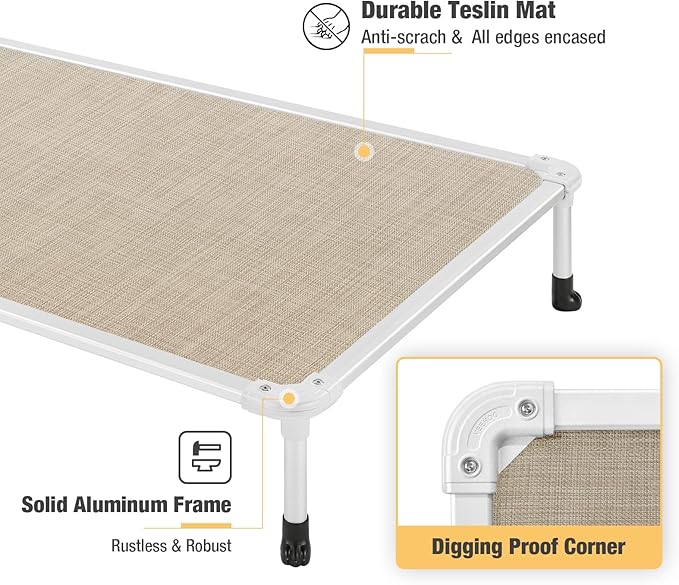 Veehoo Chew Proof Elevated Dog Bed - Cooling Raised Pet Cot - Silver Aluminum Frame and Durable Textilene Mesh Fabric, Unique Designed No-Slip Feet for Indoor or Outdoor Use, Beige Coffee, Medium-Mewly Pet