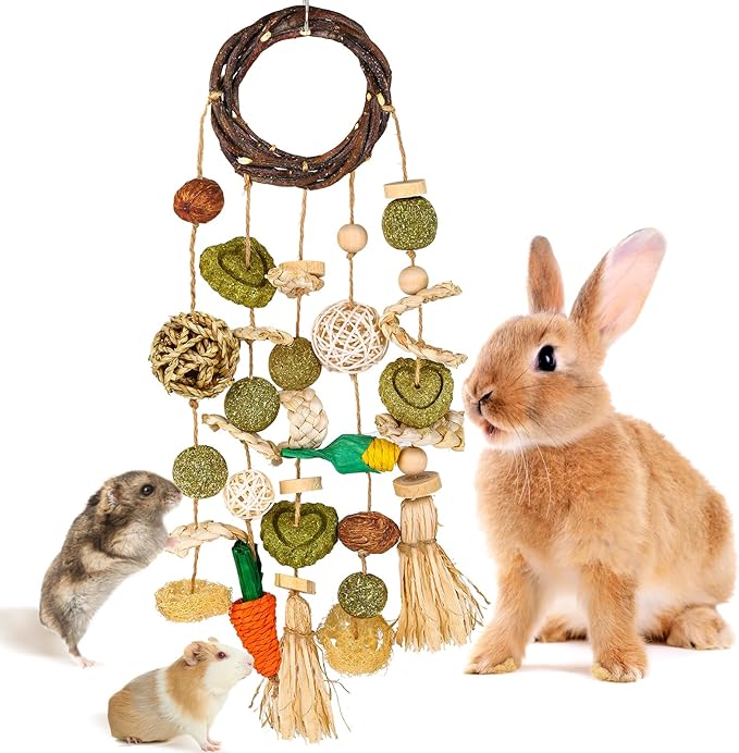 VESPRO Bunny Chew Toys, Rabbit Cage Hanging Chewing Toy and Treats Snack Ring, for Rabbits Chinchilla Guinea Pig Hamsters Grinding Teeth with Other Small Pets, Natural Materials Handwoven (5 Strings)-Mewly Pet